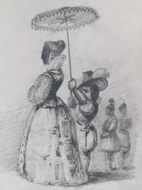 Ancien Portrait de Femme Masquée Originale Dessin du 19ème siècle