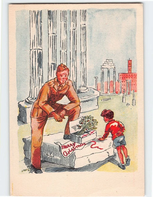 Postcard Christmas Greeting Card with Soldier Child Comic Art Print