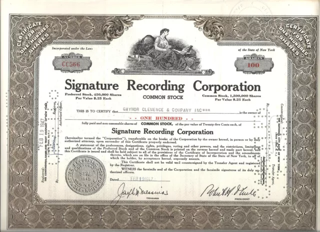 Signature Recording Corporation USA 1947, Aktie, Common Stock, entwertet