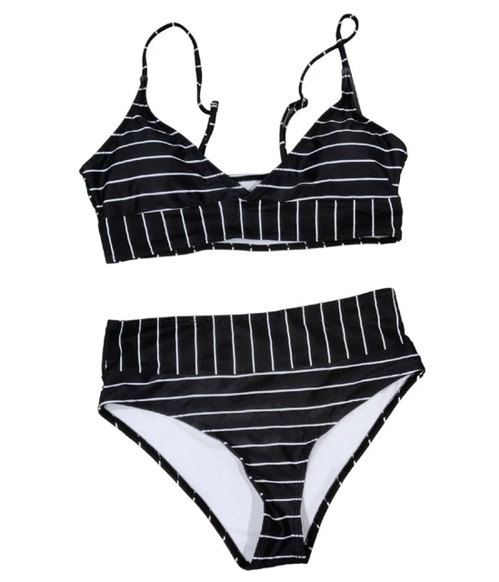 SHEIN Women Black and White Stripe High Waist Swim Bathing Suit 2 pcs Sz M
