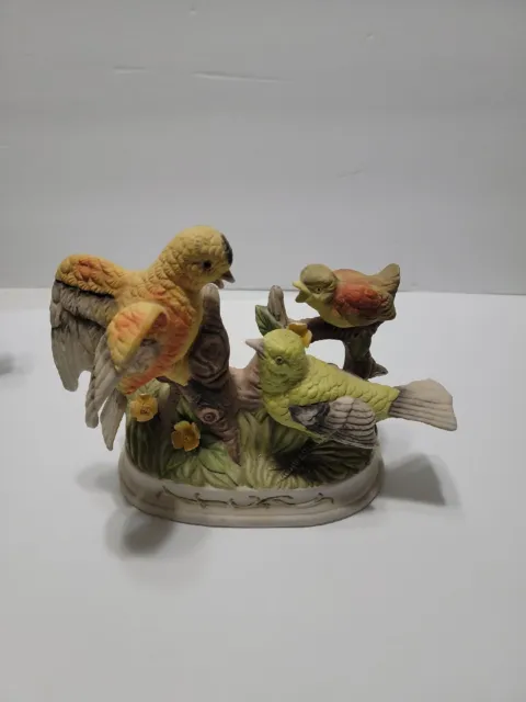 Lefton Japan Yellow Birds with Young Bird on Tree Flowers Porcelain Figurine