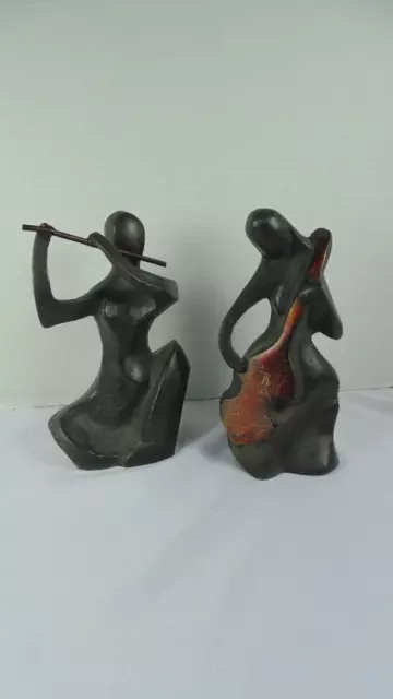 Man Flute Woman Cello Bronze Style Heavy Music Metal Sculptures EUC