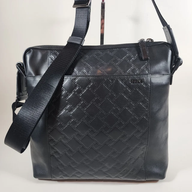 Tumi Bag Briefcase Mens Ticon Crossbody Slim Black Leather Travel Embossed