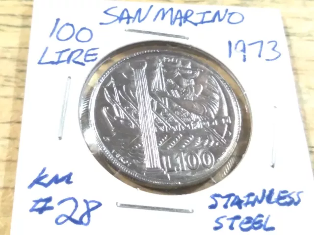 World Coin, San Marino, 100 Lire, 1973, Carded, Almost Uncirculated Condition