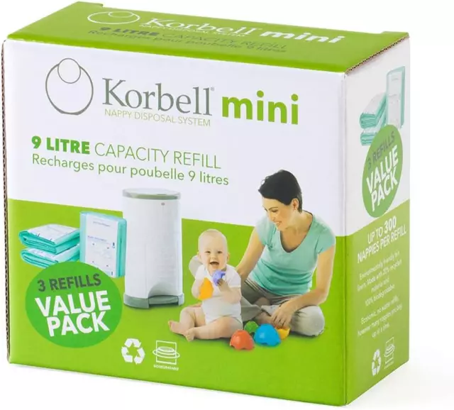 Korbell - Nappy Bin Refills - MINI - 9 L - X3 - Biodegradable - Odour Control...