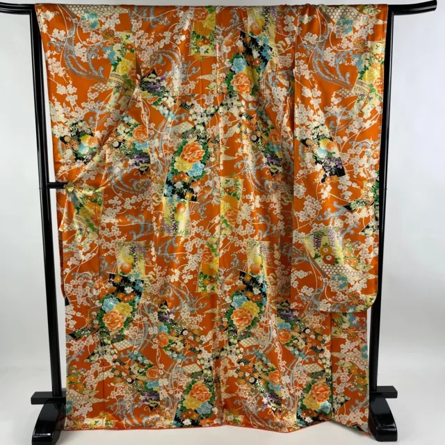 Japanese Silk Kimono Vintage Furisode Gold Gorgeous Orange Sakura Flower 67in