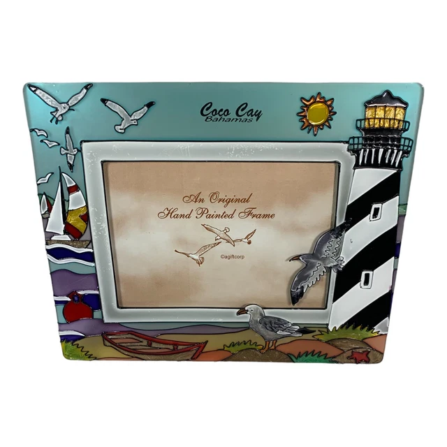Stained Glass Nautical Lighthouse Coco Cay Bahamas Hand Painted Picture Frame