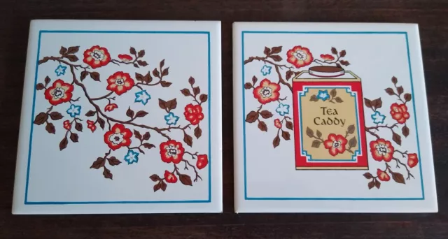 Set of 2 Vintage Ceramic Tiles, 6" Floral Wall Hangings, Red Flowers, Tea Caddy