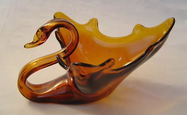 Vintage Amber Art Glass Swan Centerpiece Triangle Bowl Handle 11 1/4" Long