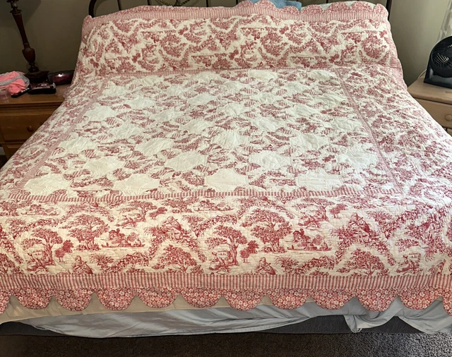 Queen red & Ivory toile quilt no label French classic material. pastoral country Queen red & Ivory toile quilt no label French classic material. pastoral country