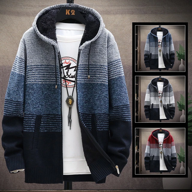 Mens Hoodie Fleece Lined Knitted Cardigan Zip Up Winter Thick Thermal Jumper Top