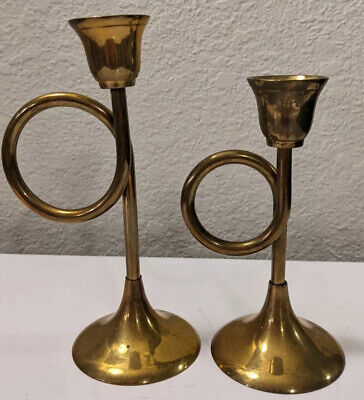 2 Vintage Solid Brass French Horn Bugle Trumpet Taper Candle Holders - India