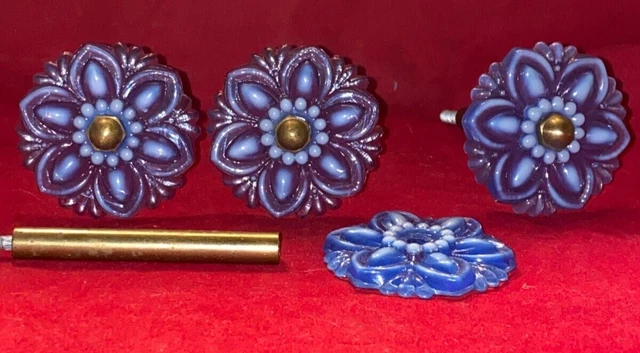 4, 2" Lacy Floral Pressed Sandwich Blue Glass Curtain Tie Backs with Brass stems 3