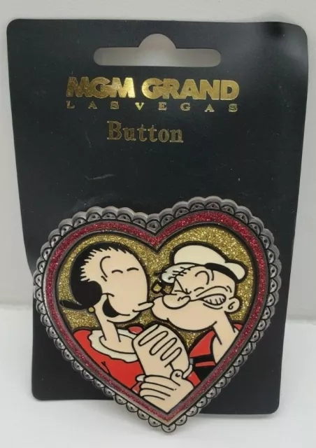 1998 MGM Grand Hotel Popeye and Olive Oyl Button Pin in a Heart Las Vegas