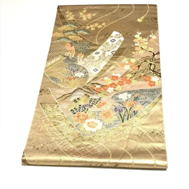 8862# Japanese Vintage Fukuro Obi Belt Kimono Pure Silk Gold
