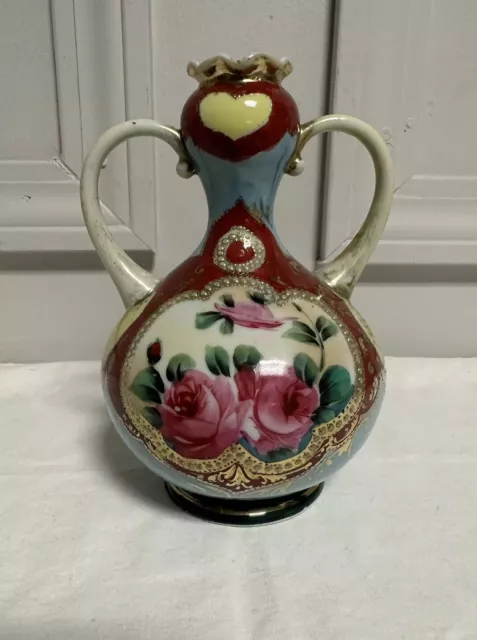 Unique Vintage Nippon Moriage Double Handled, Hand Painted Vase