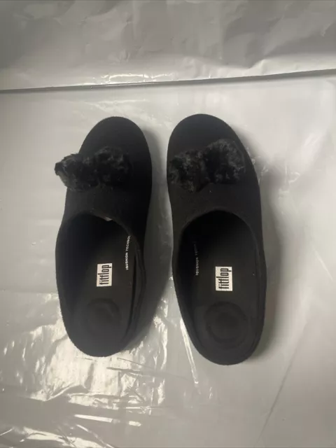 Fitflop Chrissie Pom Pom Slippers, All Black, Size 8