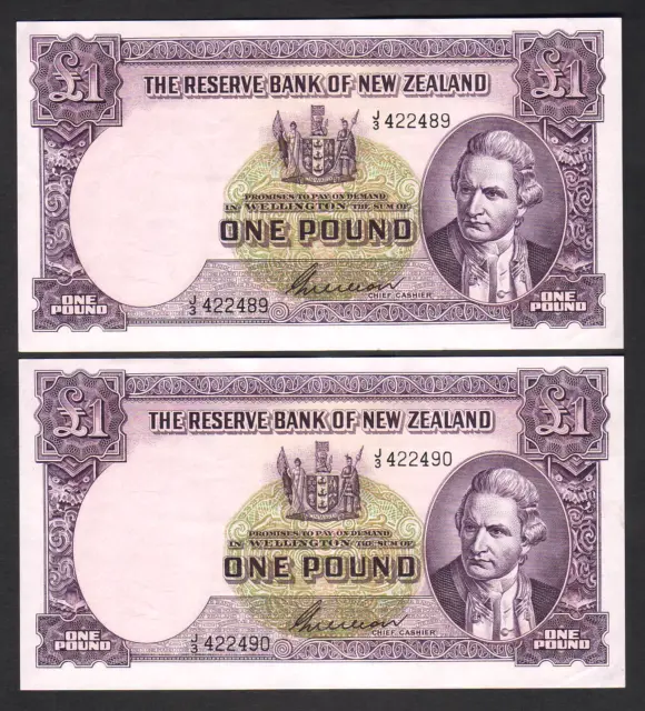NEW ZEALAND P-159b. (1955-56) One Pound. Prefix J/3..  aUNC - CONSECUTIVE Pair