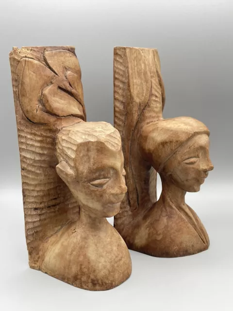 Vintage Hand Carved Wooden Man & Woman Bust Bookends Fold Art Wood Carving CHIP