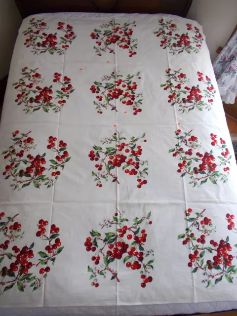 Vtg Cotton Print "Wilendur" Craft/Cutter? Tablecloth Cherries 52"X70" Spots