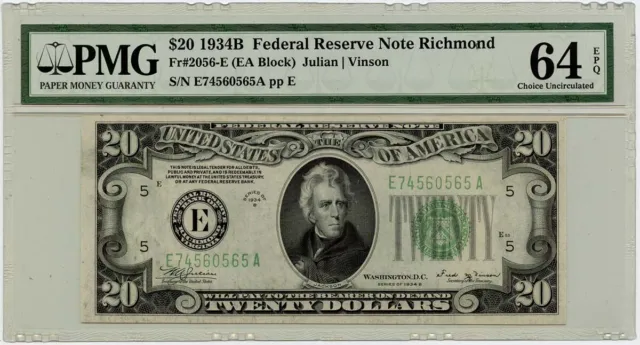 1934B $20 Federal Reserve Note Richmond FR#2056E PMG CU64 EPQ