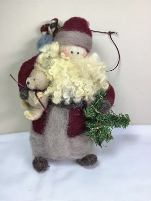 Estate Vintage Primitive Rustic Fabric Santa with Teddy Ornament 8"     X46