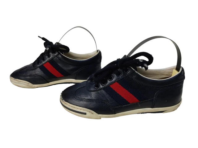 BOYS GUCCI UK 9 Eu 27 Navy Leather Red Stripe Lace Up Trainers
