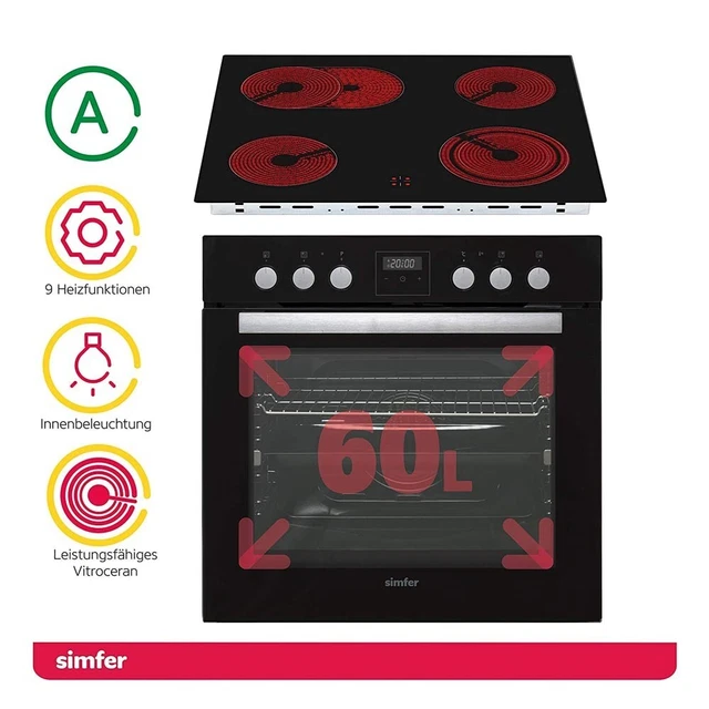 Einbau Herdset Backofen Glaskeramik Kochfeld Elektro Grill Umluft Heißluft