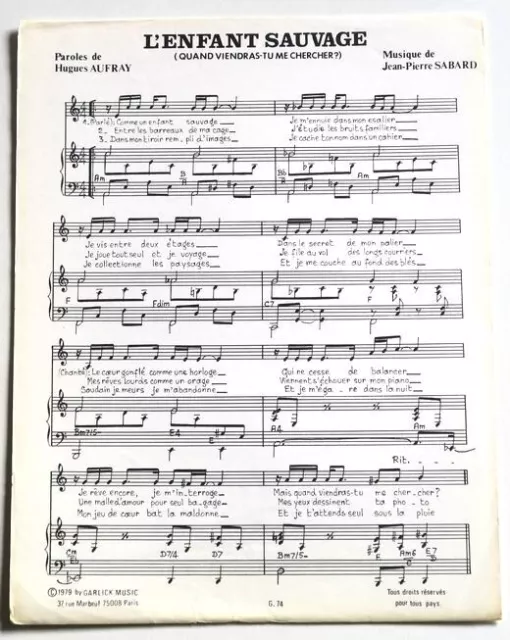 Partition vintage sheet music HUGUES AUFRAY : L'Enfant Sauvage * 70's Sabard