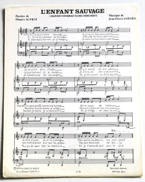 Partition vintage sheet music HUGUES AUFRAY : L'Enfant Sauvage * 70's Sabard