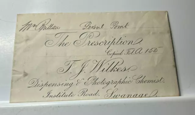 Antique Pharmacy Prescription Envelope  TJ Wilkes Chemist Institute Rd Swanage