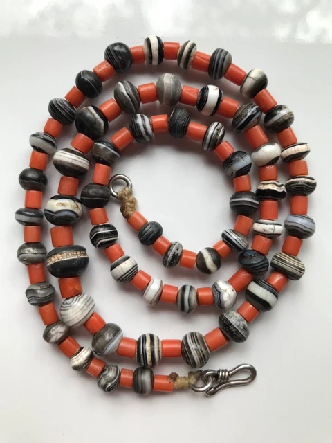 Ancient Rare Indo Tibetan Sulemani Agate & Antique Nepali Coral Bead Necklace