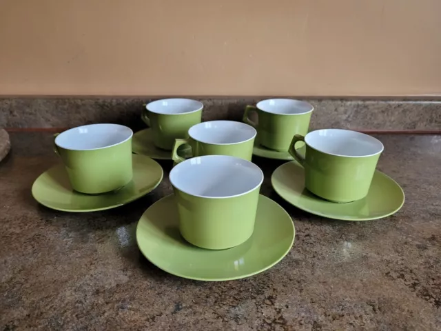 Vintage Retro Melaware By Antiference Set of 6 Olive Green Cups 5 Saucers Camper