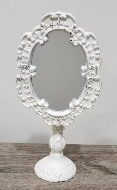White Cast Iron Distressed Table Top Dresser Oval Stem Mirror 10” Powder Room
