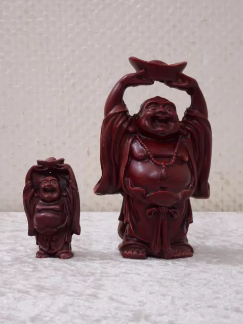 2 X Laughing Buddha Figure Synthetic Resin Red Vintage-Sil - 14 CM And 7 CM