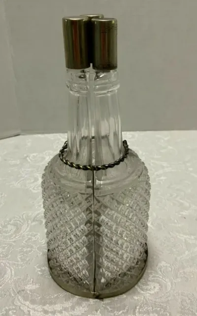 Antique 3 Cruet Set Bound Triangular Cut Glass Bottles German Silver Lids & Base