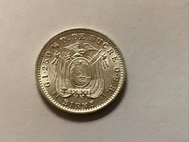 1915  Ecuador 1/2 Decimo KM-55.2 Silver Uncirculated  ￼