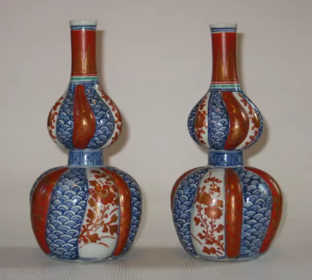 Pair of Antique Japanese Kutani Double Gourd Sake Tokkuri Bottles 19th Century