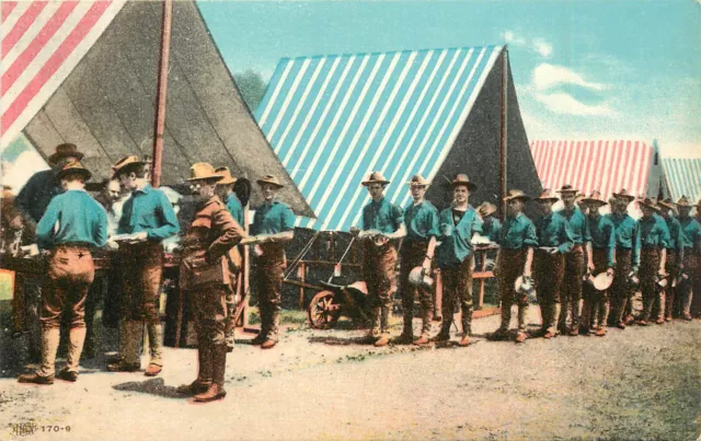 WWI Colored Postcard American Soldiers in Line For Food Red White & Blue Tents