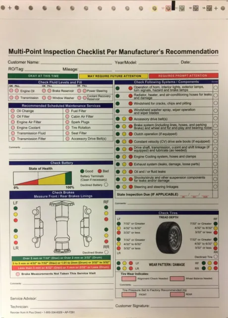 Multi-Point Vehicle/Automotive Inspection Forms •  #7291 • Qty. 250 • 2 Part