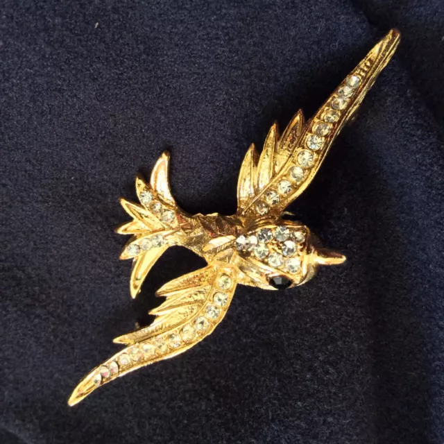 Vintage Flying Swallow/Bird With Sparkling Crystals, Textured Gold Tone Brooch