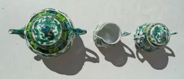 inhabituel 3 pièces thé pot chinois en porcelaine crème à sucre avec dragon vert jade 3