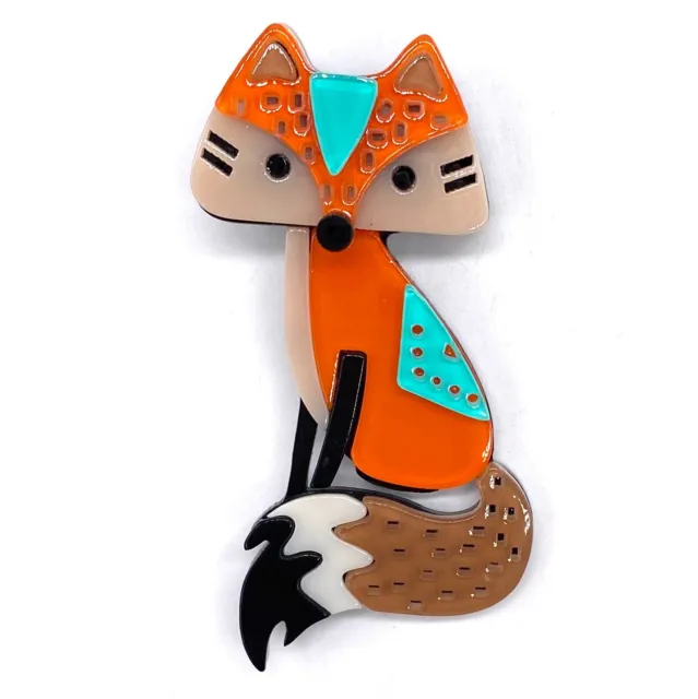 Acrylic Resin Brooch Cute Orange, Brown & Blue Sitting Fox Handmade New