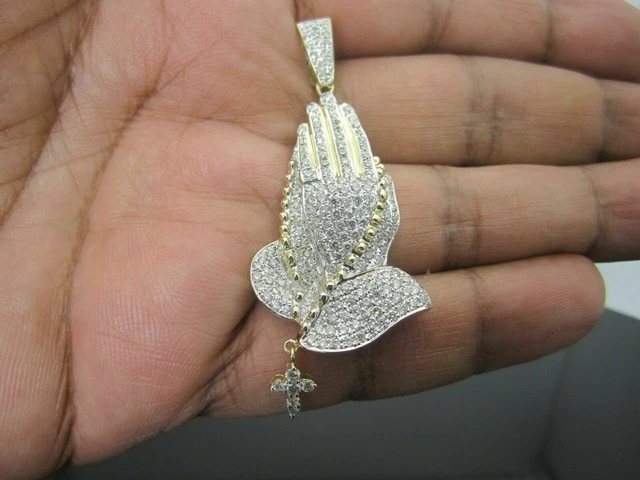 Real Moissanite Praying Hands Rosary Pendant Mens 10K Yellow Gold Plated 2.23 CT Real Moissanite Praying Hands Rosary Pendant Mens 10K Yellow Gold Plated 2.23 CT