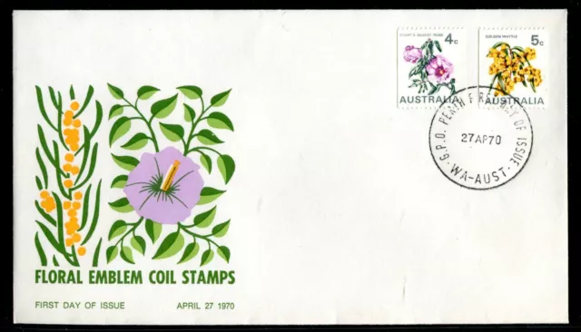 1970 Coil Stamps (4c Desert Rose & 5c Wattle) FDC - GPO Perth WA PMK