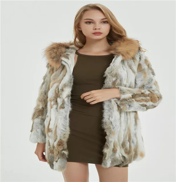 Womens Beautiful Luxurious 100% Real Rabbit Fur Mid Length Coat Outwear Winter