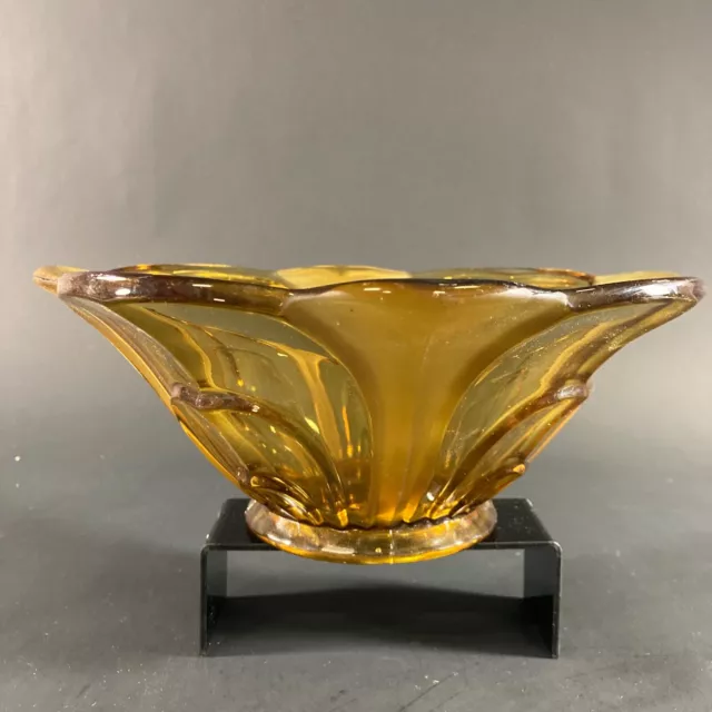 VINTAGE AMBER ART DECO 24CM DEPRESSION PRESSED GLASS BOWL w/ FROSTED PANELS