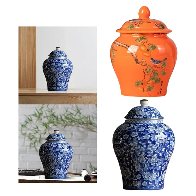2x Keramik Ingwerglas Vase Tempelglas mit Deckel Dekor Aufbewahrungsgläser