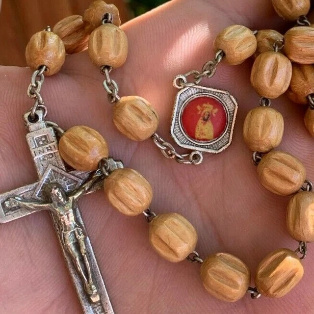 †Wood Vintage Rosary Handmade Brown Wood Bead, Crucifix Italy silver Cross 19th† 3
