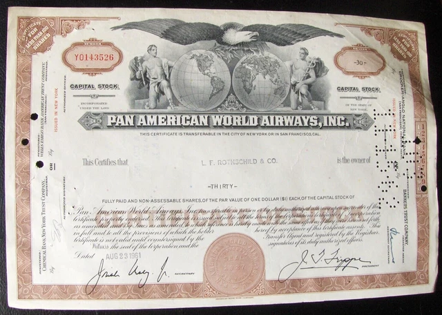 Pan American World Airways stock certificate Payee L.F. Rothschild & Co, 1962